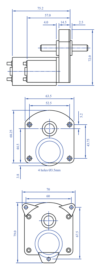 t3 dc series gear motor units dimensions